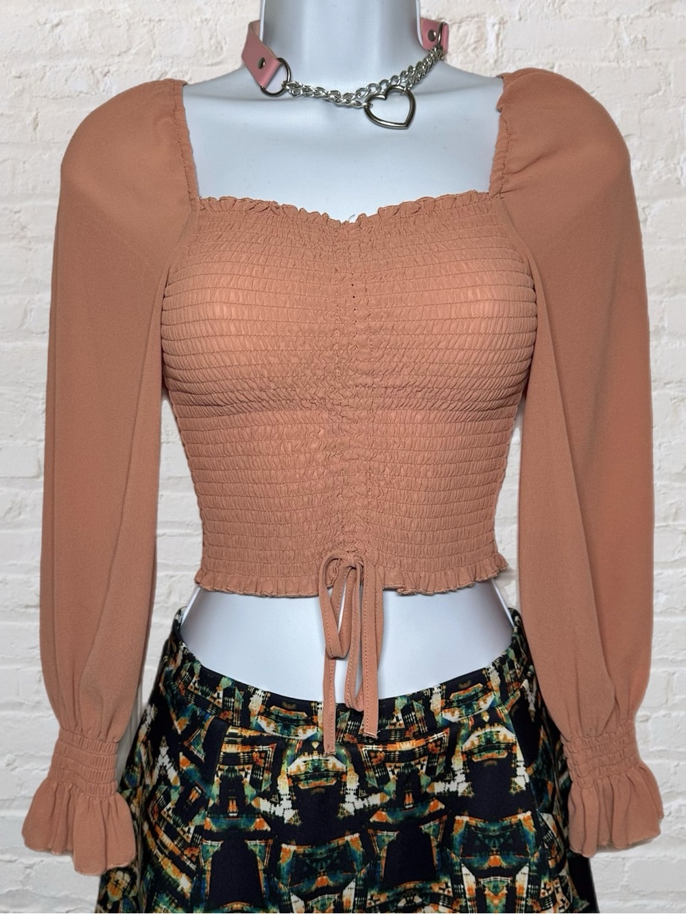 Papaya Soft Orange 3/4 Balloon Bell Sleeve Stretch Cropped Blouse in Size Small